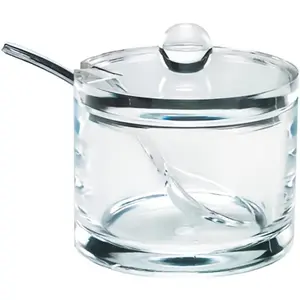 Clear  Sugar Bowl With Lid And Spoon For Coffee Bar Accessories, Cereal Bowls, , Kitchen Countertop Canisters & Baking - 8 oz Container Jar Dispenser Holder - Dishwasher Safe