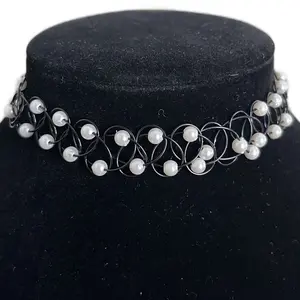 Black Choker w/White Beads