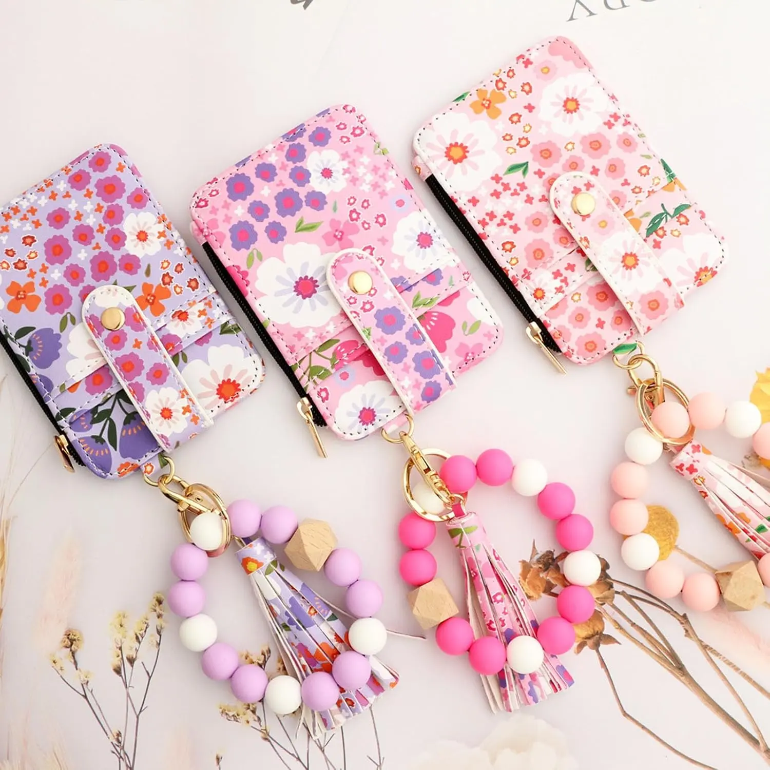 Boho Wristlet Wallets for Women, Boho Beaded Flower Pattern Wallet Keychain, Slim Credit Card Holder Purse Tassel Keychain