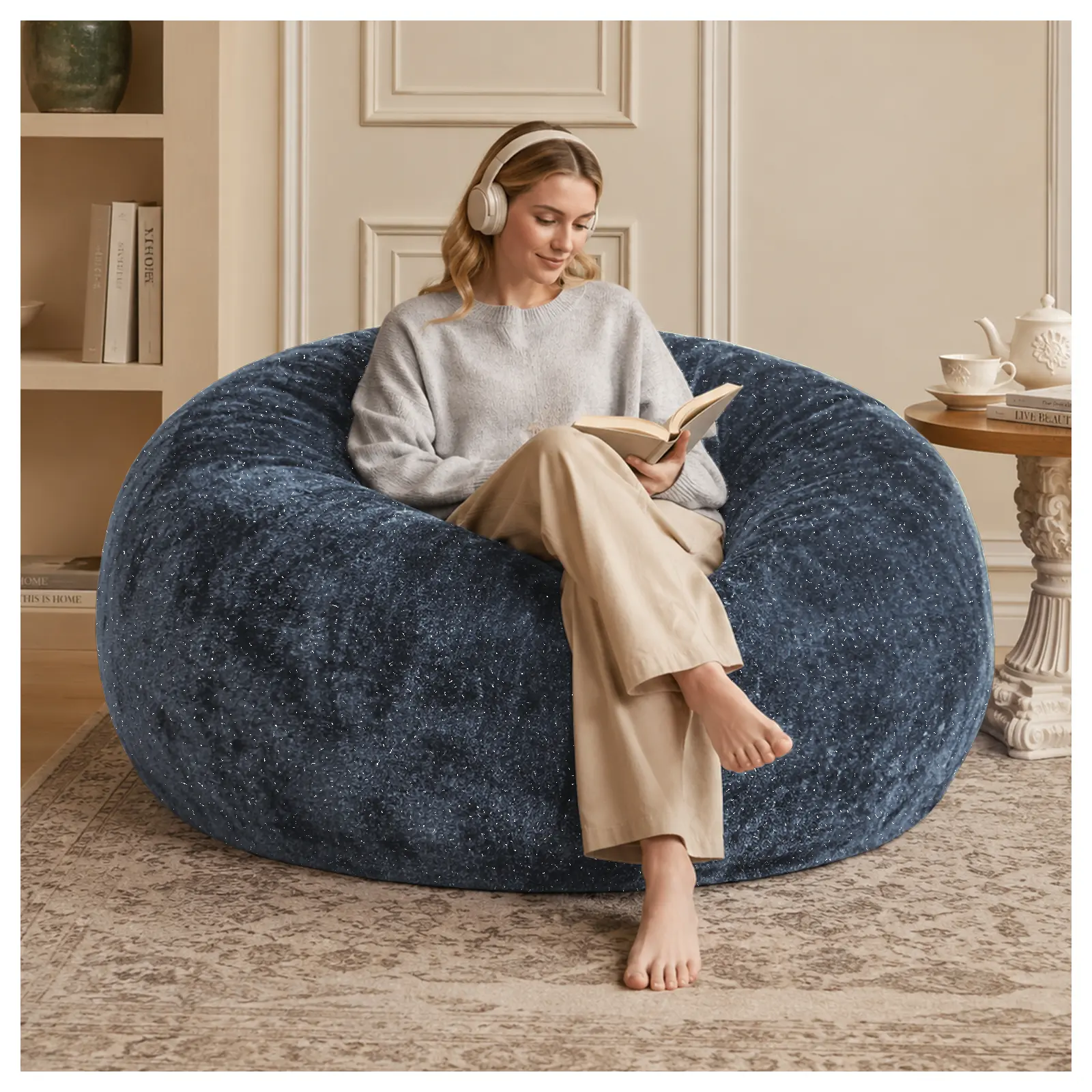 6FT Starry Sky bean bag chair,Plush Fabric with Lurex,Shiny Silver Thread Faux Fur Plush,memory foam filling,round sofa for living room, bedroom