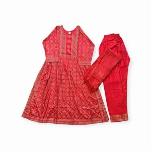 Wonens Cotton Outfit - Red Embroidered Dress & Matching Trousers Set for Women