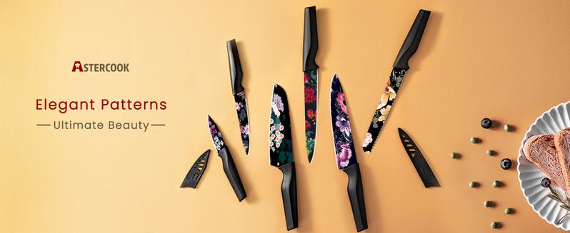 Astercook Knife Set - Colorful 6 Rust Resistant Coated Stainless Steel Kitchen Knives with 6 Edge Guards, Ergonomic Chef's Knife Modern Cutting Block