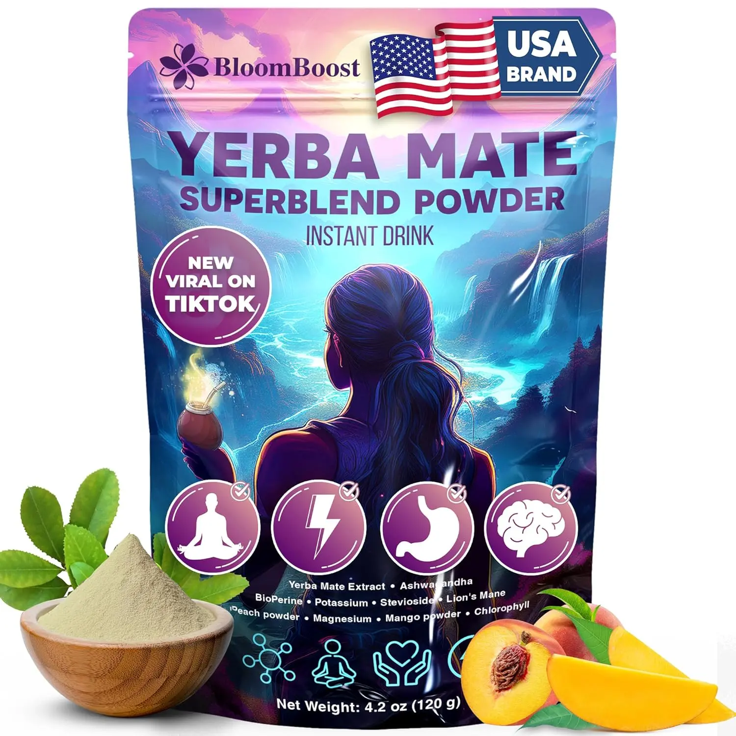Premium Yerba Mate Instant Powder Supplement Drink Mix – Yerba Mate, Ashwagandha, Lion’s Mane, Chlorophyll, Peach Mango Flavor – Sugar-Free, Gluten-Free, Superfood Energy & Focus Blend #Clearance Sale
