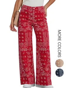 Women's Loose Wide Leg Jeans, Floral Print Bohemian Style High Waist Retro Pocket Denim Jeans