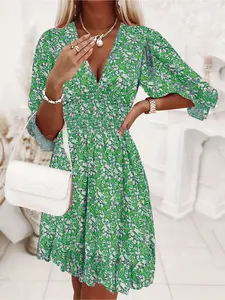 V-Neck Half Sleeve Mini Dress, Floral Print, Smocked Waist, Ruffle Hem, Casual Sweet Style, Summer Womenswear