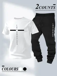 Minimalist Los Angeles 2 Piece Set with Vertical Graphic Print, Trendy White Tee and Black Joggers Tracksuit, Urban Streetwear Essentials for an Effortless Clean Fit Look.