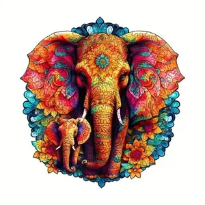African Elephant Theme Irregular Wooden Handmade Puzzle, Sunset Reflections, Rich Layers, Warm Colors, Art Decor for Living Room & Study