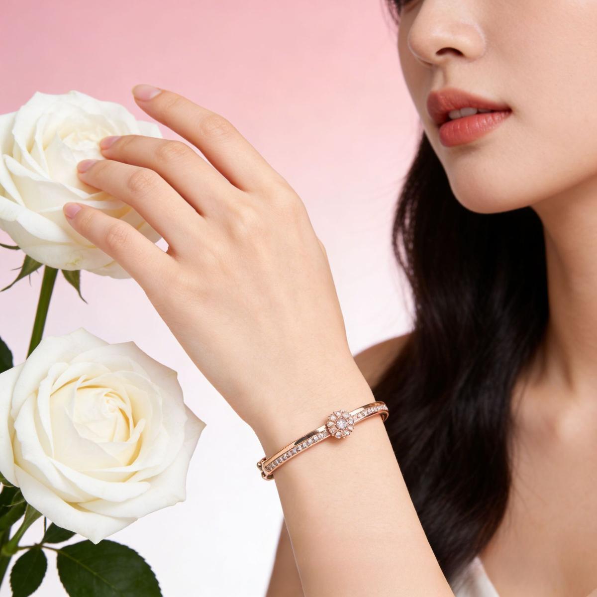 Luxury Round Center Stone Pavé Bangle Bracelet for Women, Elegant Polished Sparkle Hinged Bangle, Premium Statement Cuff Bracelet, Trendy Aesthetic Formal Jewelry, Timeless Anniversary Birthday Gift for Her