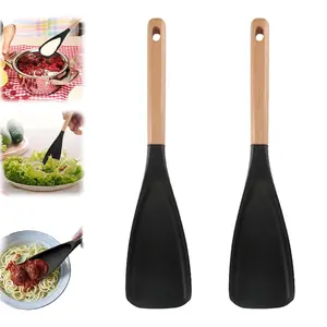 1PCS Wooden Handle Heat-Resistant Silicone Multifunction Spatula Spoon - Nonstick Kitchen Utensils for Mixing & Scraping, Hanging Design for Cooking and Serving