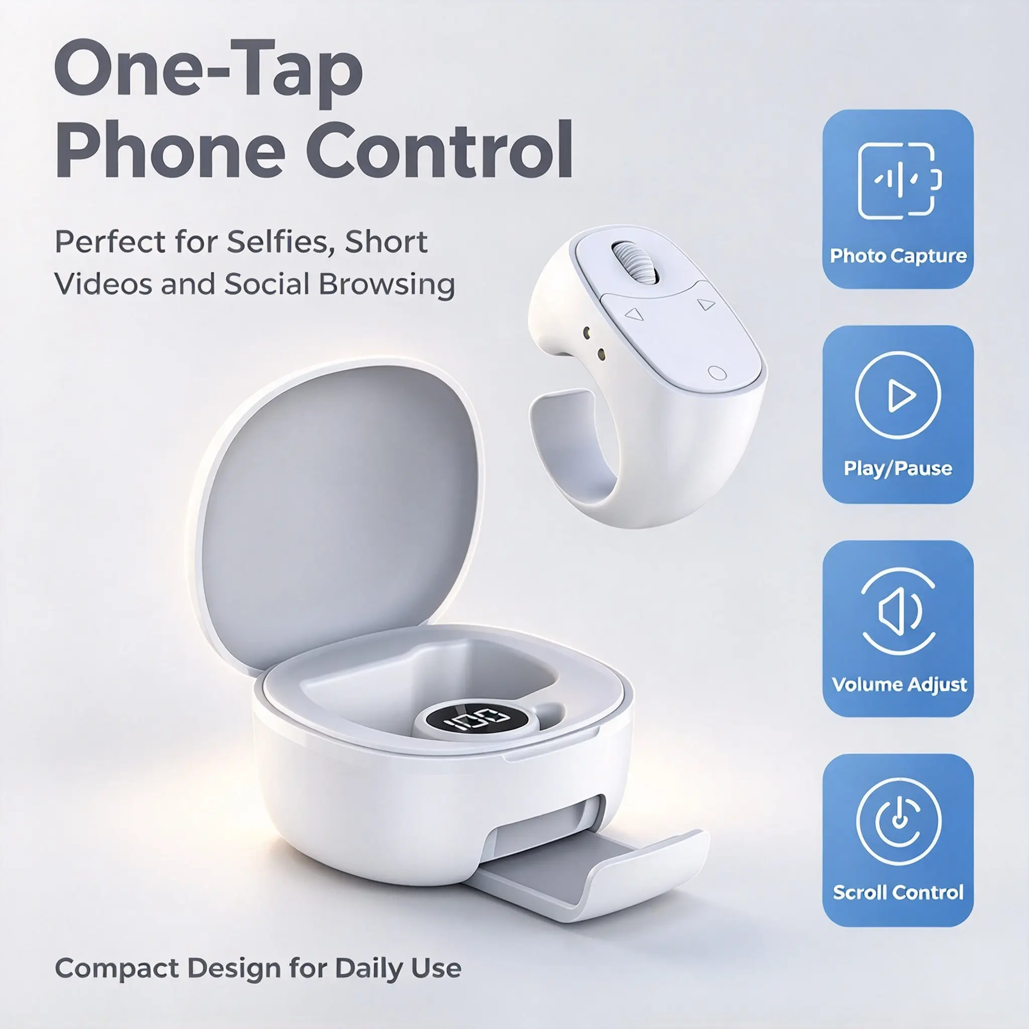 2026 New Wireless Bluetooth Ring Remote, Hands-Free Mobile Selfie Accessory for Short Videos, Supports Scroll, Volume Adjustment, Play/Pause & Photo Capture, Comes with Portable Charging Case and Phone Holder, Compatible with iOS & Android Smartphones