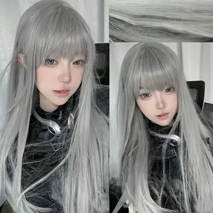 Wig Silvery Gray Qi Bangs Long Straight JK Lolita Style Energetic Sweet and Cute Wig Universal Wig for Daily Travel, Parties, and Parties
