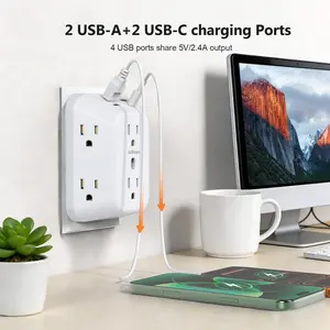 USB Wall Charger Surge Protector - 6 Outlet Extender with 4 USB Charging Ports (2 USB C), 3-Sided 1050J Power Strip Multi Plug Outlets Adapter Widely Spaced,Home Office Dorm Room Essentials