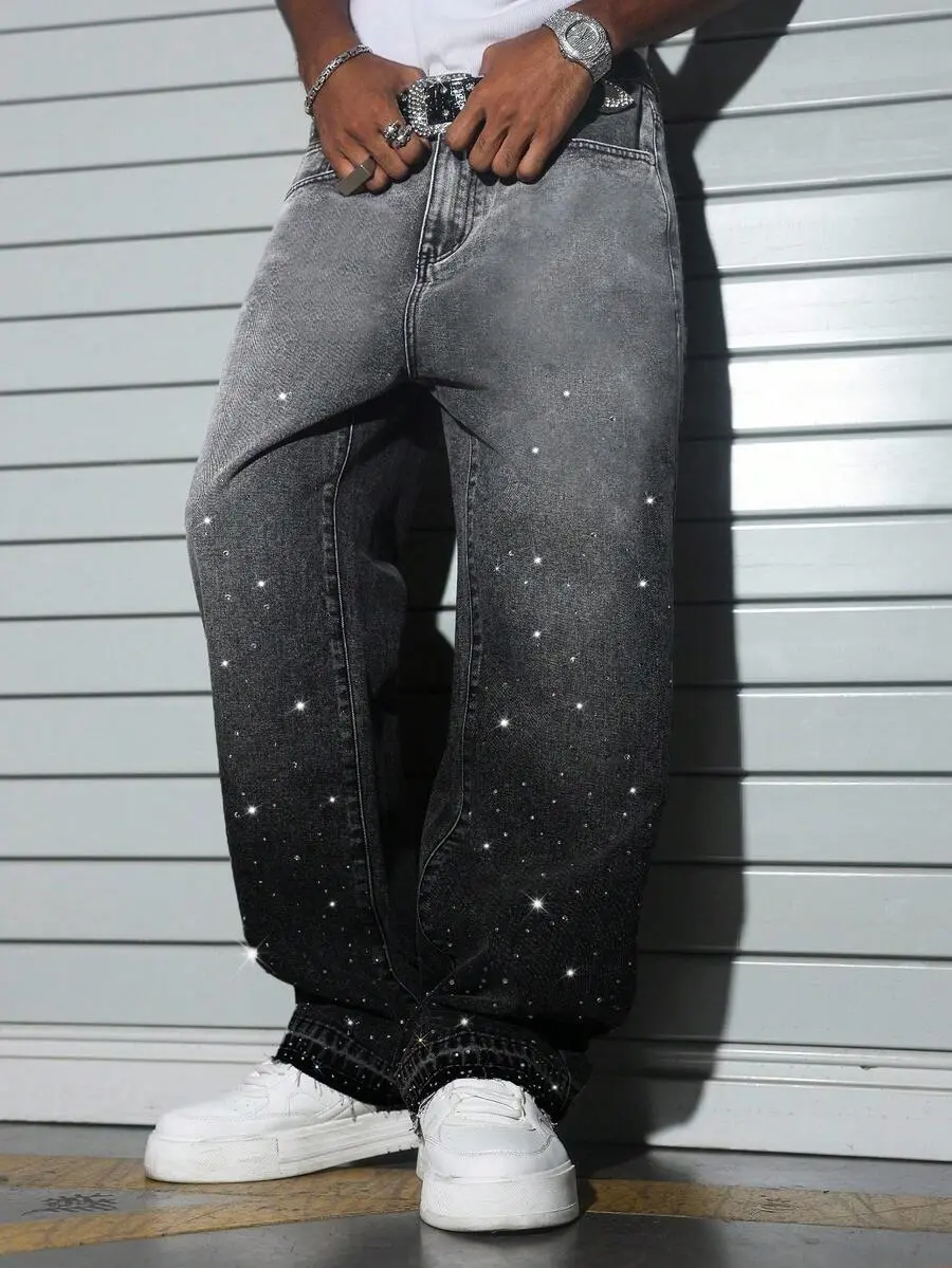 Manfinity EMRG Men's High Street American Streetwear Gradient Washed Rhinestone Embellished Loose Wide Leg Jeans,Black,Autumn,Rave Grey Baggy Pants Gift For Husband