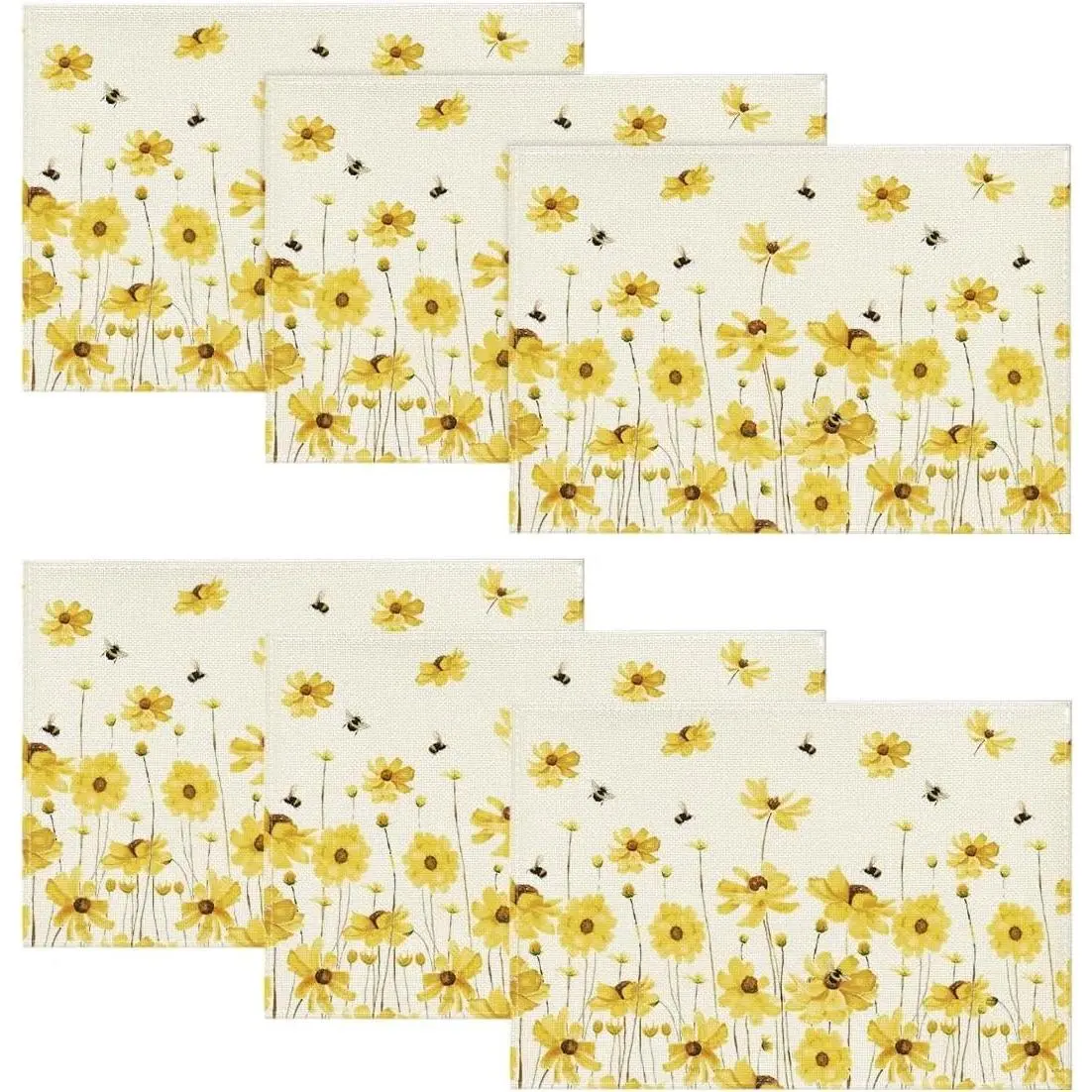 Rectangle 12x18 in 100% Spun Polyester Placemats Set of 4 - Durable, Hemmed Reinforced Edges, Wrinkle-Free, No Color Run, No Shrink, Unique Yellow Floral Daisy Bees Prints, Indoor Kitchen Dining Room Party Table Protector, Unique Prints, Hemmed And Reinfo