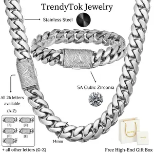 TrendyTok Jewelry Personalized Cuban Link Chain Necklace & Bracelet Set Custom Initial Letter A-Z CZ Diamond Iced Out Silver Hip Hop Matching Couples Gift for Men Women Him Her Mother's Day Birthday Christmas Anniversary Graduation Gift Box Included
