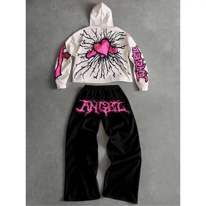 Two piece pattern set, angel and cross print short hoodie and loose pants, daily and party casual home wear Two piece pattern set, angel and cross print short hoodie and loose pants, daily and party casual home wear