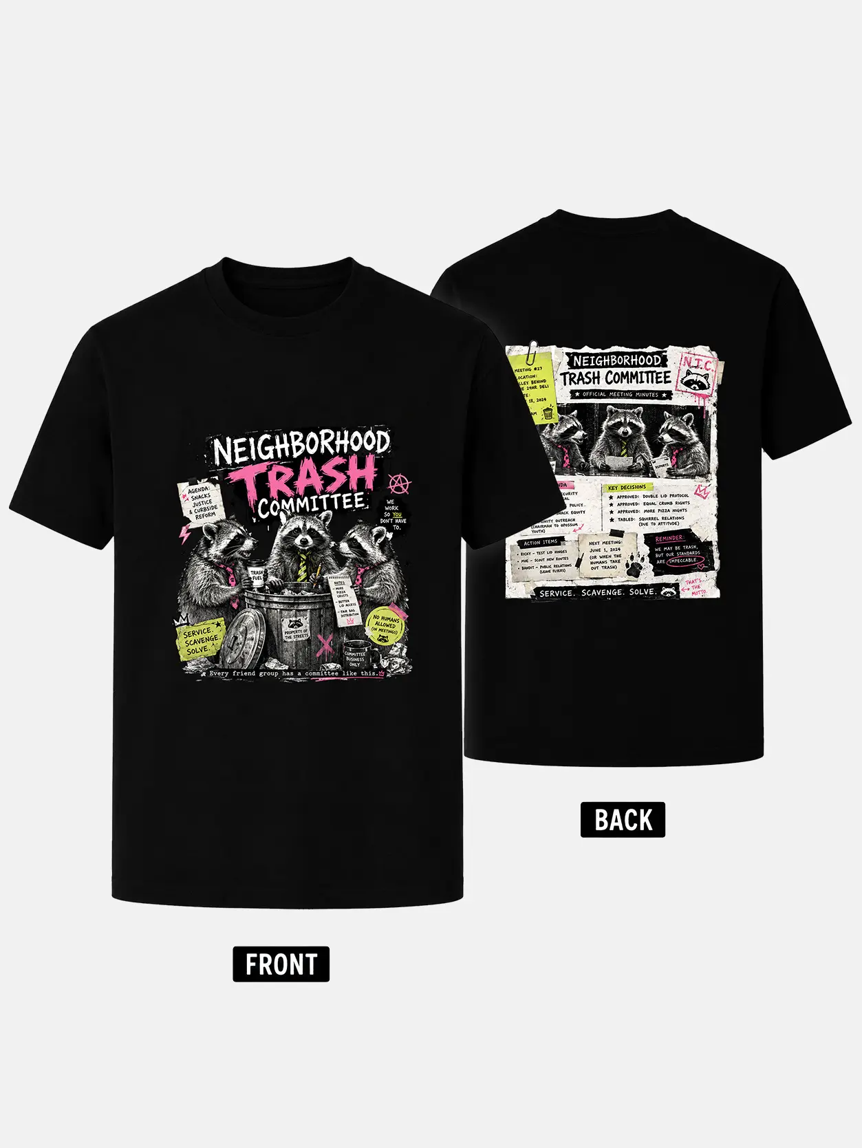 Neighborhood Trash Committee Raccoon Graphic Tee, Funny Trash Panda Friend Group T Shirt, Grunge Punk Front and Back Print, Vintage Animal Humor, Unisex Casual Short Sleeve Crew Neck Black Tee