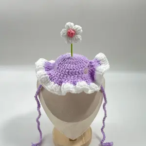 Handmade Knit Cat Hat Spring Flower Design Adorable Pet Headwear for Kitten Puppy British Shorthair Pet Decoration Costumes Homemade