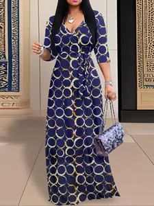 Women's Boho Style Printed Dress, V Neck 3/4 Sleeve, Elegant Autumn Wear, Perfect for Parties, Weddings, Graduations, Birthdays