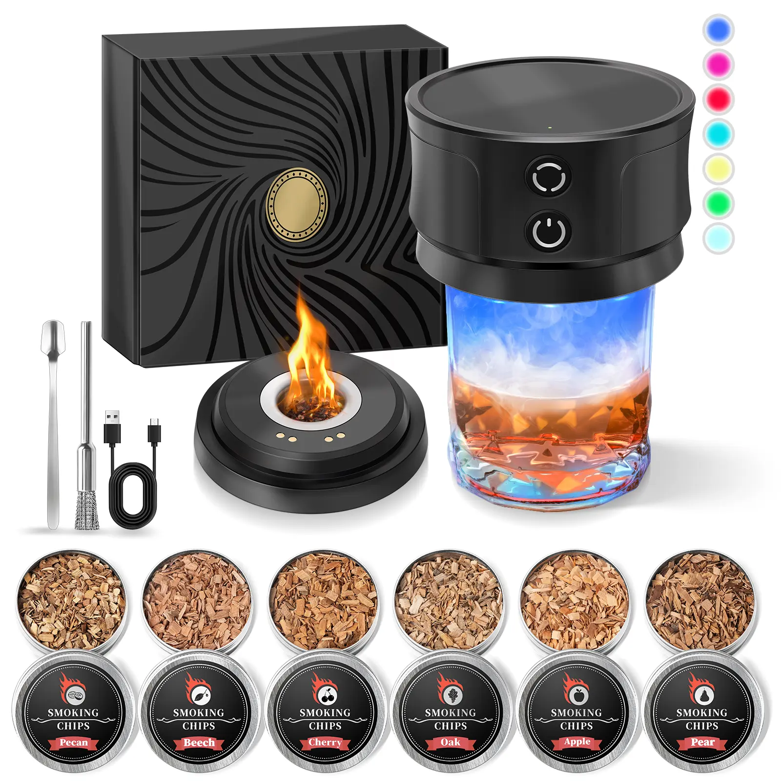 Electric Whiskey Smoker Kit with 8 RGB LED Lights, 1-Touch Smoke Function, Cover & Glass - Home Bar Accessory, Ideal Gift Idea for Men's Birthdays
