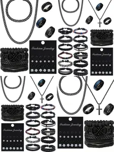 Stainless Steel Dark Style Cuban Necklace Leather Bracelet Ring Synthetic Zircon Earrings Set, Unisex Daily Wear Halloween Gift