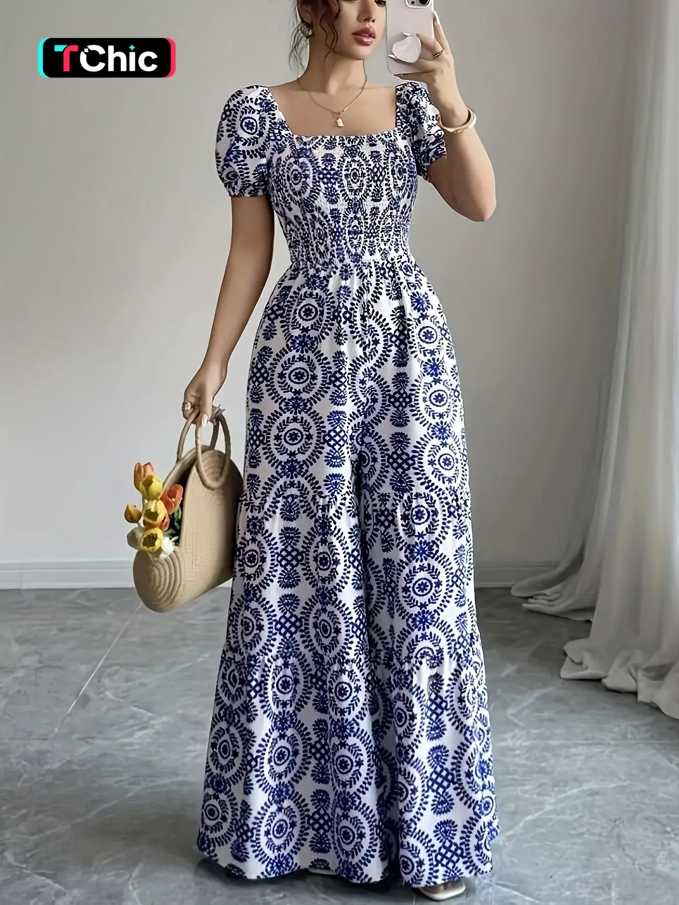 Women's  Geometric Print Wide Leg Jumpsuit, Square Neck, Puff Short Sleeves, Full Smocked Waist, Lightweight Breathable Woven Fabric, Daily Casual Vacation Commute Date Wear, Boho,  1 Piece, Chic