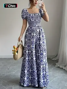 Women's  Geometric Print Wide Leg Jumpsuit, Square Neck, Puff Short Sleeves, Full Smocked Waist, Lightweight Breathable Woven Fabric, Daily Casual Vacation Commute Date Wear, Boho,  1 Piece, Chic