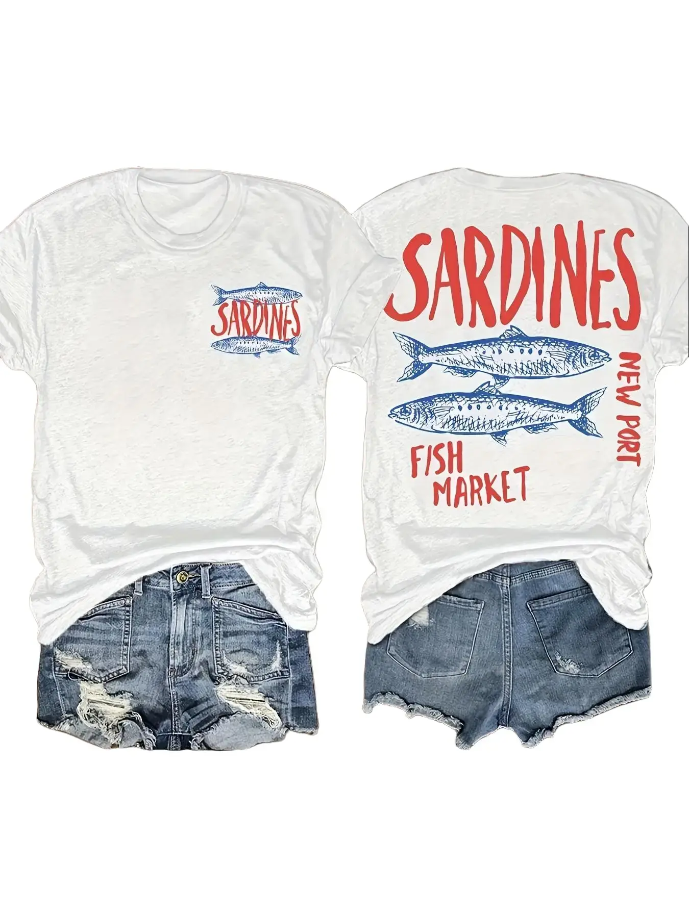 Sardines New Port Fish Market Double Sided Graphic T-Shirt For Women, Retro Vintage Fish Print On Left Chest & Full Back, Coastal Beach Casual Crew Neck Short Sleeve Tee,Street,shirts