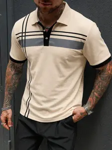 Men's Casual Elegant Long Sleeve Polo Shirt, Striped Colorblock Design, Fitted Comfortable Fit, Perfect for Daily Wear