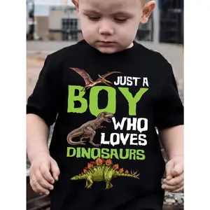Boys' Summer Sports Casual Cotton Fabric Tee, Crewneck Shortsleeve Funny Animal Graphic Print "Just A Boy Who Loves Dinosaurs" Top, Crewneck Shortsleeve Tee
