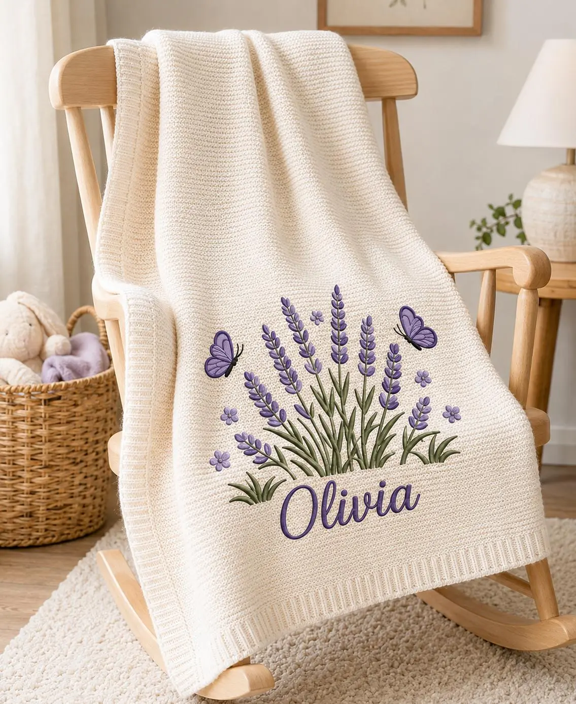 [Made-to-Order] Personalized Embroidered Lavender Baby Blanket, Custom Knit Baby Blanket with Name for Newborn, Butterfly Floral Nursery Gift, Newborn Keepsake Gift
