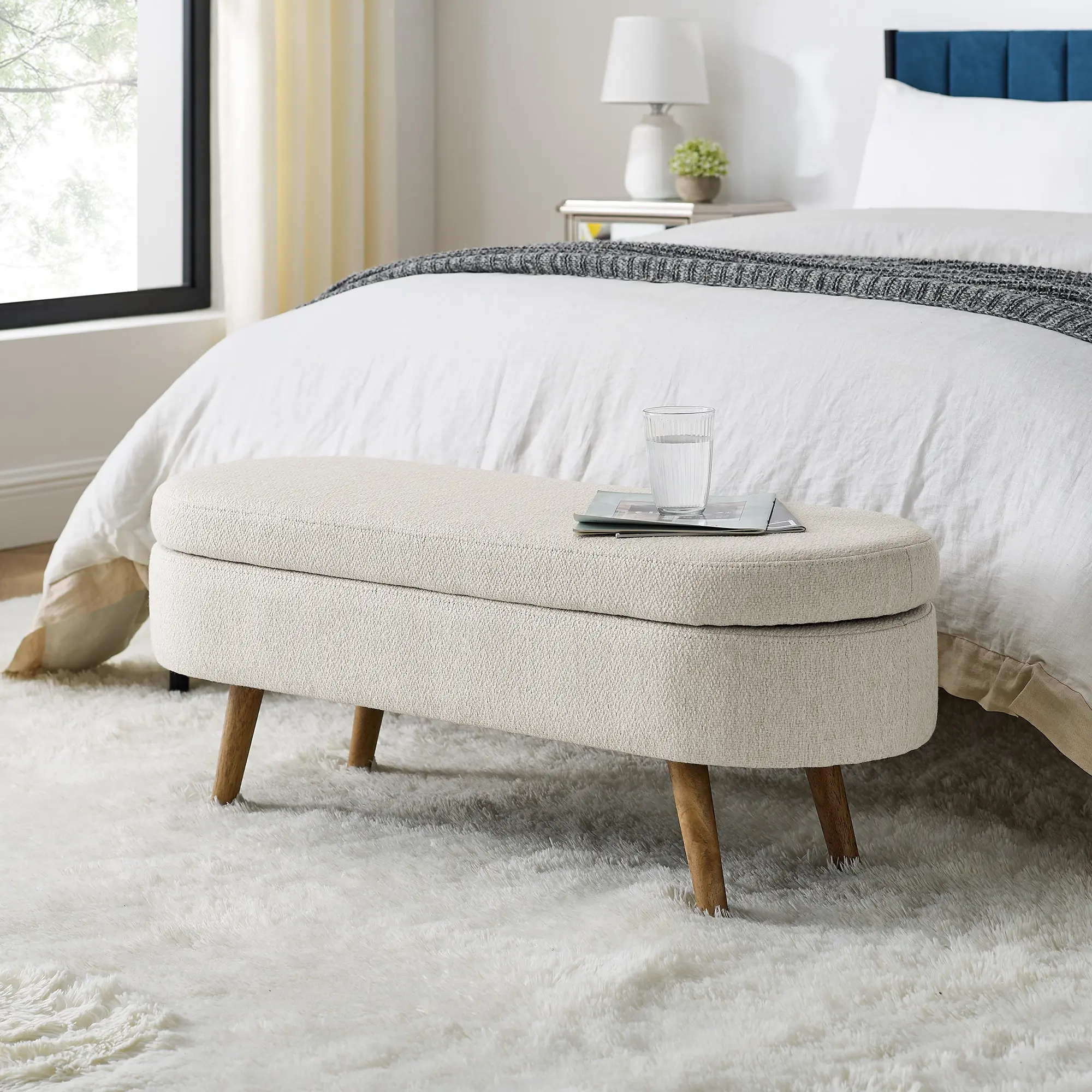 Oval Storage Ottoman Bench with Hidden Compartment, Beige Linen Upholstery and Rubber Wood Legs, 43.5" Multipurpose Seat for Living Room, Entryway, Bedroom