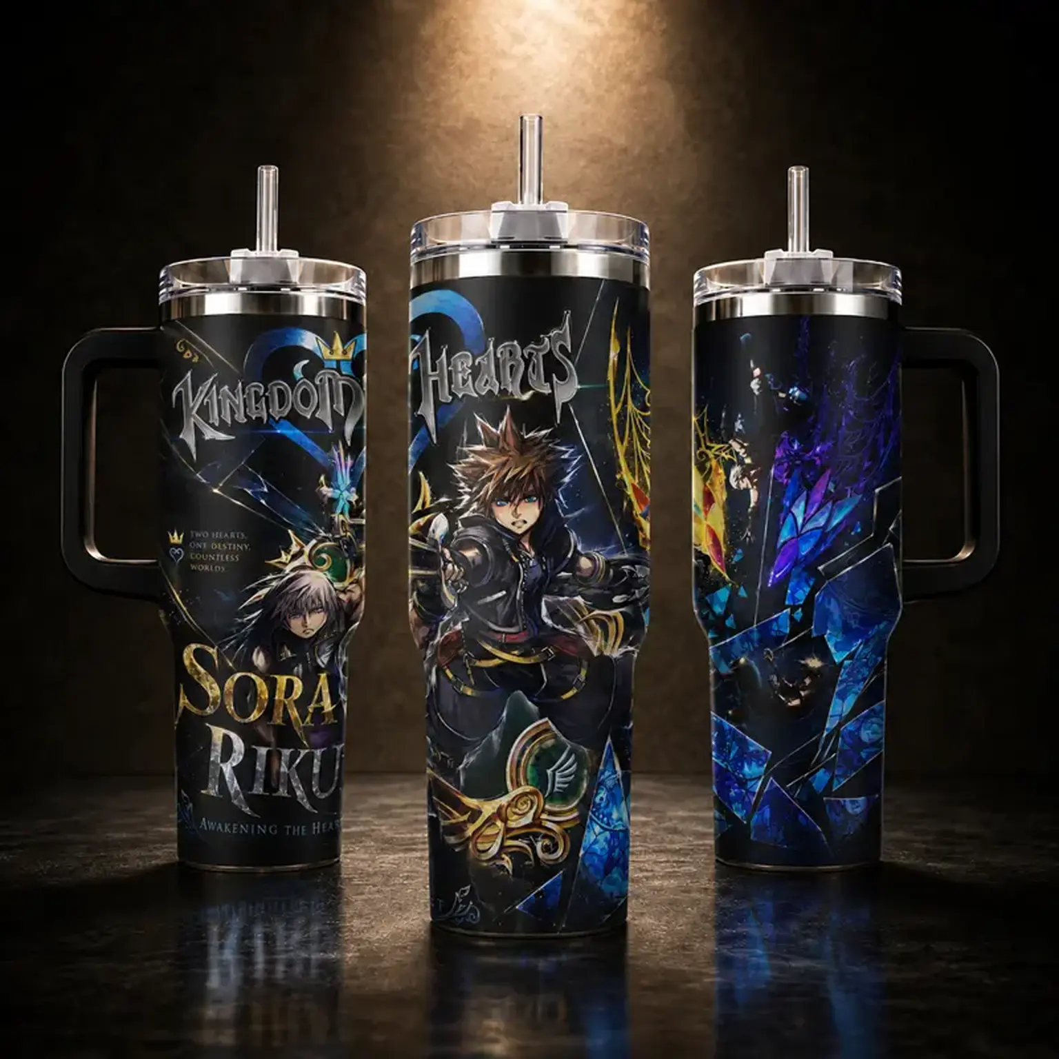 Kingdom Hearts Sora Riku 40oz Tumbler with Handle, Gaming Merch Anime Gift for Men Fans, Fire Ice Aesthetic Travel Coffee Cup Water Bottle Leak-Proof