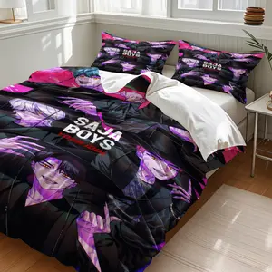 Anime Ip Themed Printed Comforter Set, Including Comforter Set And 1/2 Coreless Pillowcase, Soft and Cozy Bedding Set With Black, Pink and Purple Core