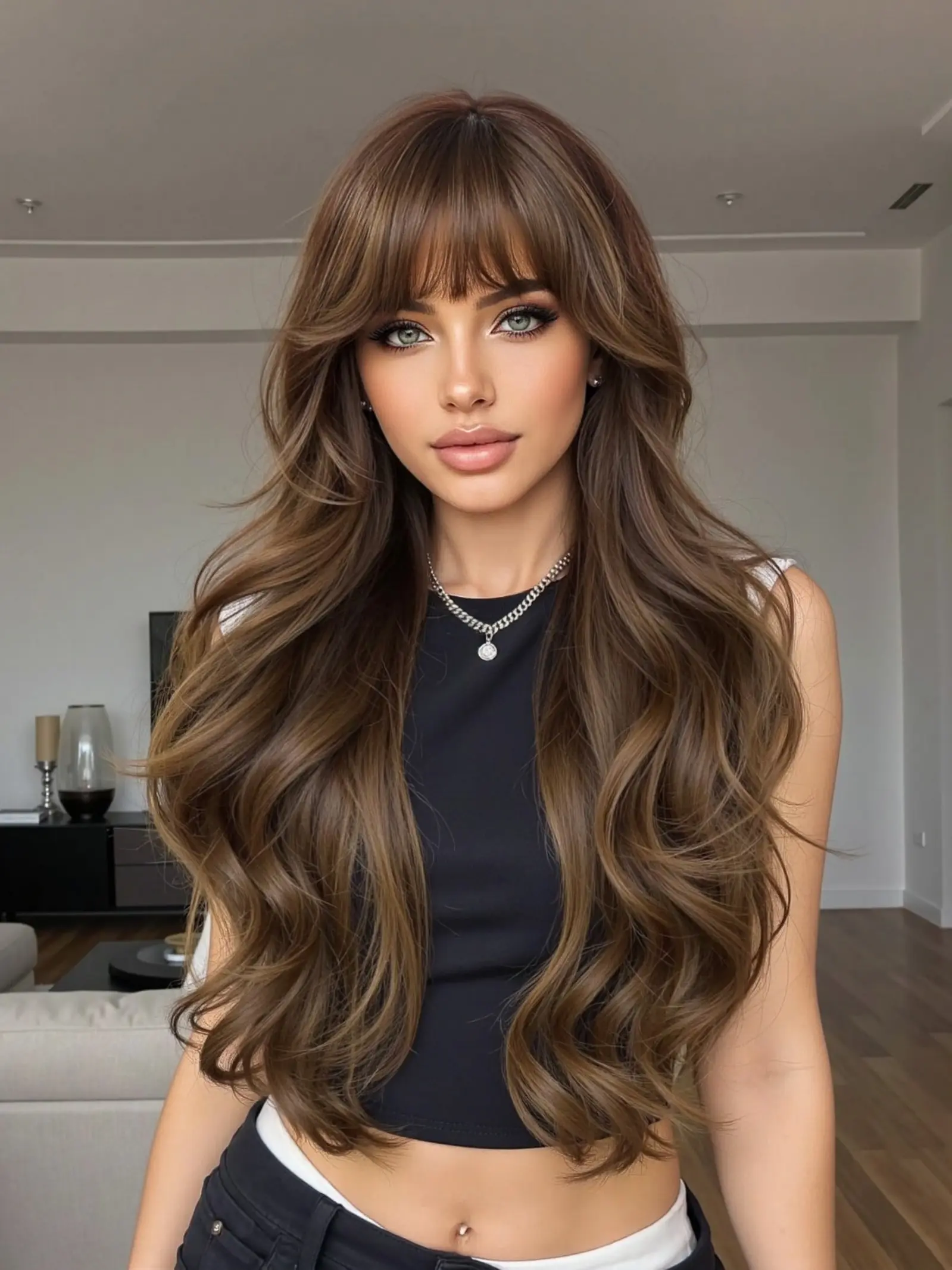 Body Wave Wig with French Bangs, Ombre Caramel Highlight Layered Wig, Glueless Synthetic Wig for Daily Party Use, Synthetic Natural Looking, Synthetic Material Wigs, Synthetic Hair, Wavy Ombre Wig