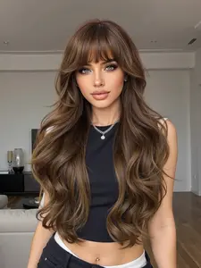 Body Wave Wig with French Bangs, Ombre Caramel Highlight Layered Wig, Glueless Synthetic Wig for Daily Party Use, Synthetic Natural Looking