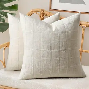 2Pcs Throw Pillow Covers Plaid Neutral Farmhouse Vintage Decorative Pillow Cover 45x45cm Square Boho Modern Pillowcase for Sofa Couch Living Room