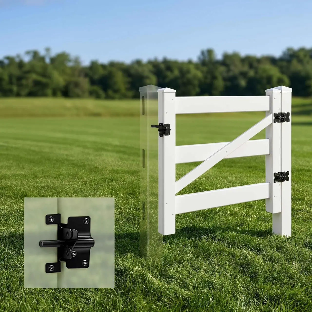 Fencer Wire Vinyl Ranch Gate Kit with Gate Post, PVC Fence Gate and Post with Hinges, Latch & Hardware, UV-Resistant, Easy Install, Durable Outdoor Vinyl Fence for Ranch, Yard & Farm