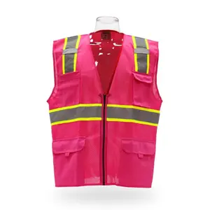 Pink Safety Vest with Reflective Strips and Pockets for Enhanced Visibility Reflectors