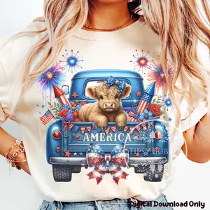 4th of July Highland Cow shirt, Highland Cow Clipart, 4th of July Truck, Coquette Highland Cow