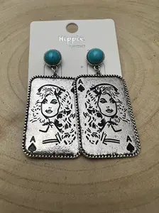Dolly Card Theme Dangle Earrings with Faux Turquoise Stone - 2 1/2 inch drop