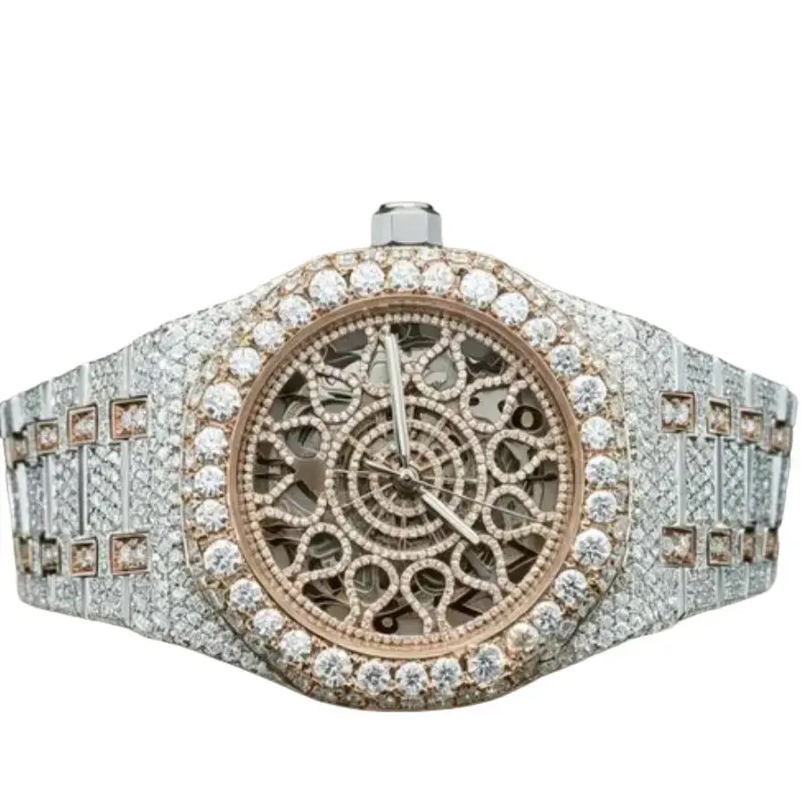 2-Tone Rose Gold VVS Moissanite Skeleton Openwork Bustdown Luxury Unisex Fashion Watch