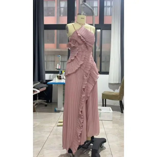 Ruffle Fold Neck Strap Dress   Pink