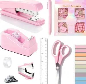 Pink Desk Accessories, Pink Office Supplies Accessories with Tape Dispenser, Stapler, Staple Remover, 1000 Staples, Tape, Clips Set, Ruler, Scissor, Pen