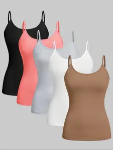 Women's Solid Color Adjustable Spaghetti Strap Cami Top, Casual Sleeveless Top for Daily Wear, Ladies Clothes for All Seasons, Womenswear
