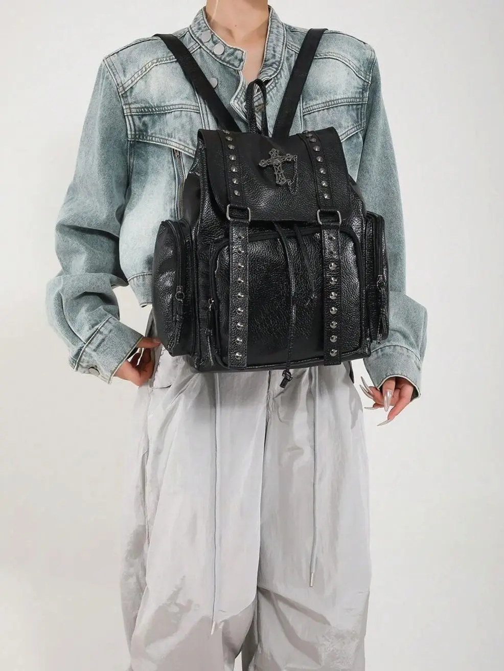 Y2K Women's Soft Leather Backpack, Handmade Dark Subculture Backpack with Cross & Chain Detail, Gothic Punk Streetwear Bag for Commuting, School, Travel, Concerts & Everyday Use