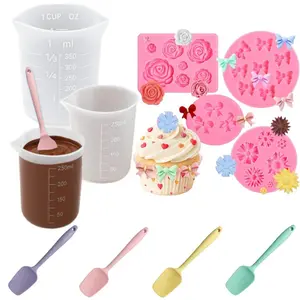 DIY Baking Accessory Kit – Silicone Measuring Pitcher + Color Scrapers + Rose Butterfly Silicone Molds, Reusable Melt Pot for Chocolate, Wax, Candy, Dessert Decoration