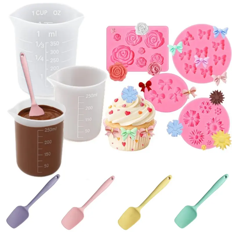 DIY Baking Accessory Kit – Silicone Measuring Pitcher + Color Scrapers + Rose Butterfly Silicone Molds, Reusable Melt Pot for Chocolate, Wax, Candy, Dessert Decoration