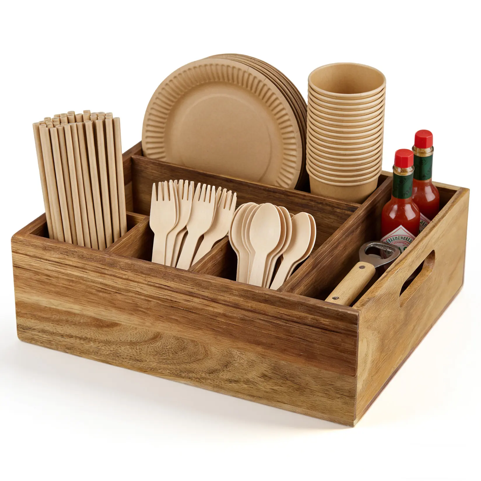 6-Compartment Acacia Wood Utensil Caddy Cutlery Holder - Farmhouse Flatware Organizer & Plate Storage for Kitchen Accessories, P arty, Picnic & BBQ