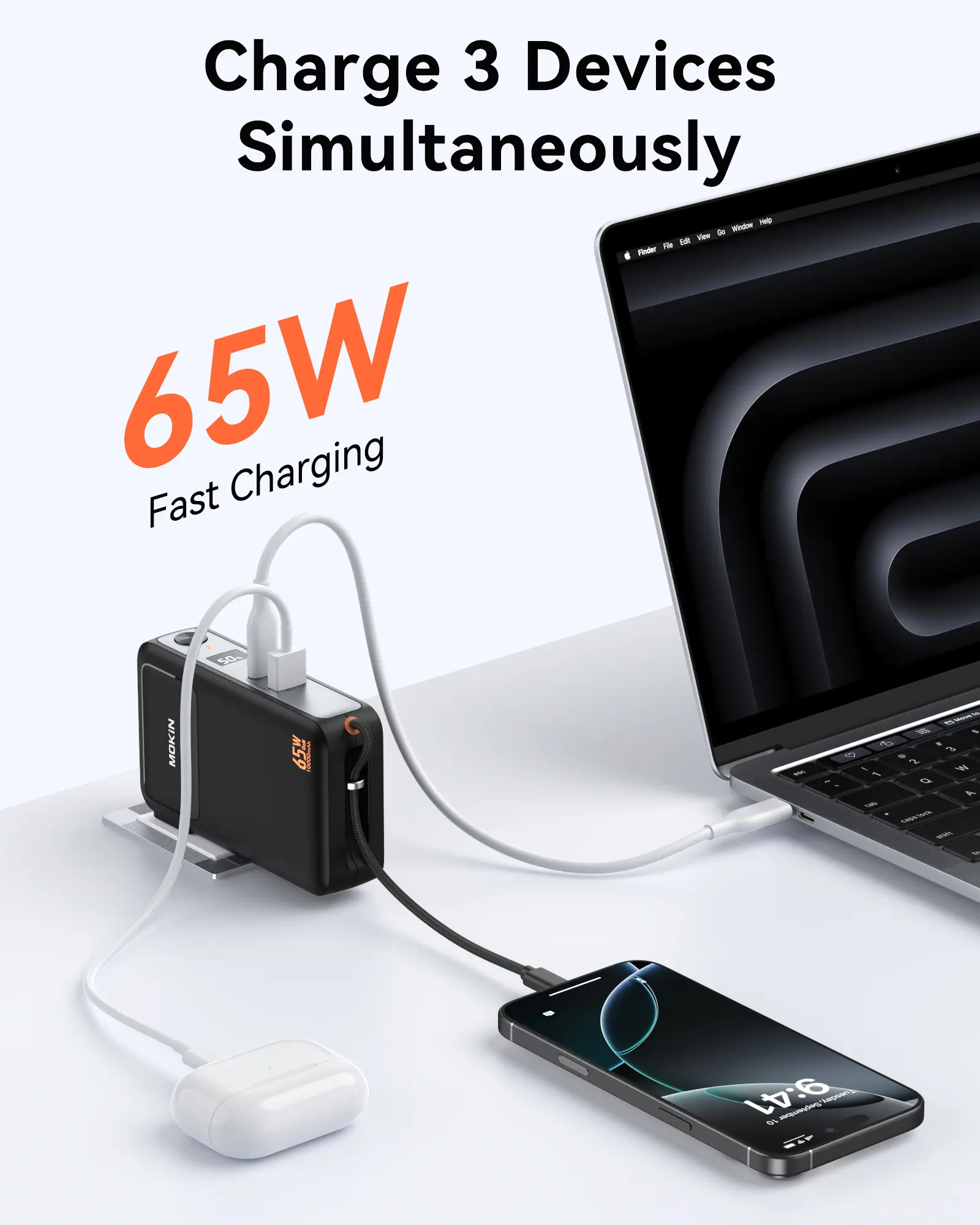 Portable Charger with 65W Wall Charger,10000mAh Power Bank,Built in 2 Outputs & USB-C Cable,Foldable AC Plug, Smart Digital Display, External Battery Pack for iPhone 16/15/14/13/12,Laptop,iPad